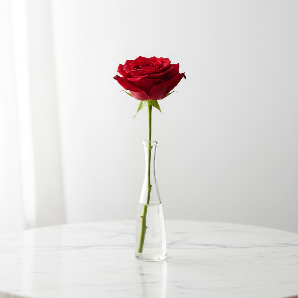 Single red rose in a slim glass bud vase on a marble table