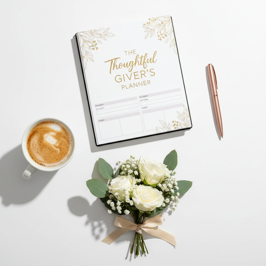 Flat-lay of a printed gifting planner on a desk with pen, coffee, and flowers