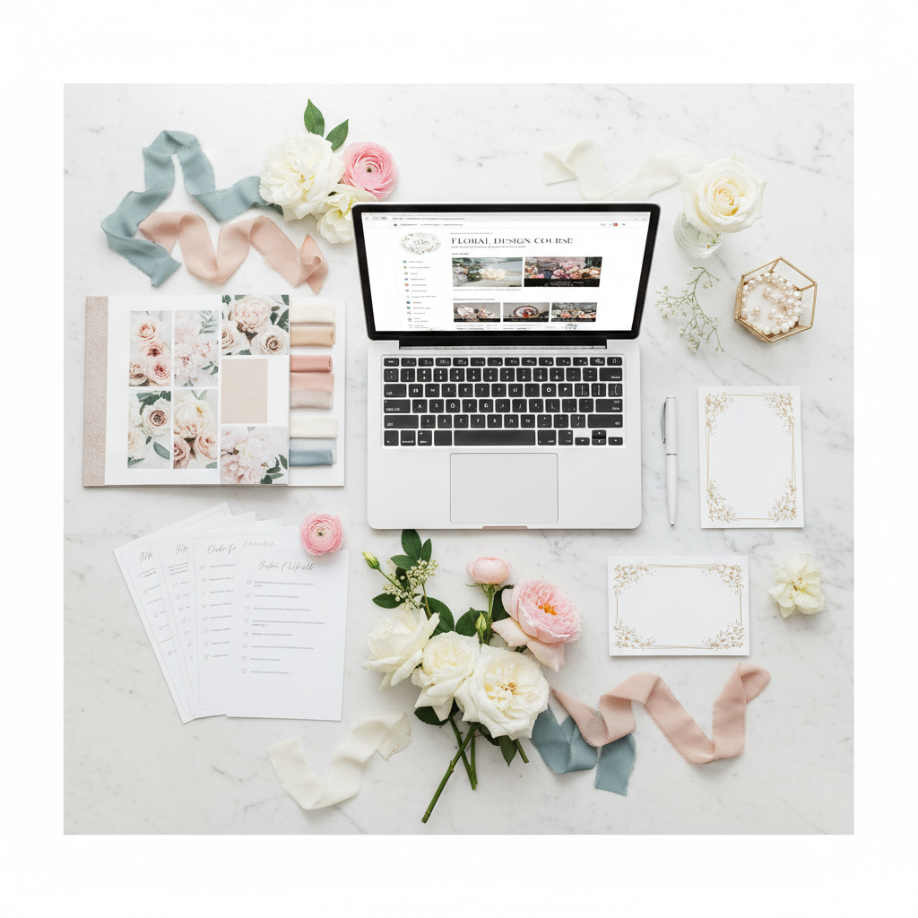 Flat-lay of a wedding floral planning suite with mood boards, checklists, and a laptop on a marble surface