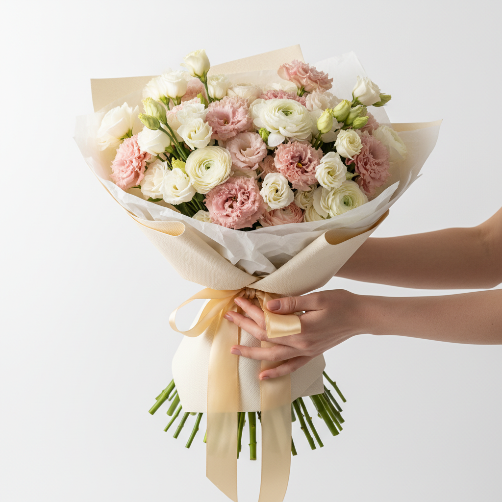 Lavish luxury bouquet of lisianthus and ranunculus in elegant wrapping