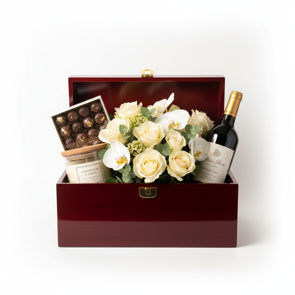 Opulent gift hamper with flowers, chocolates, candle, and wine in a keepsake box