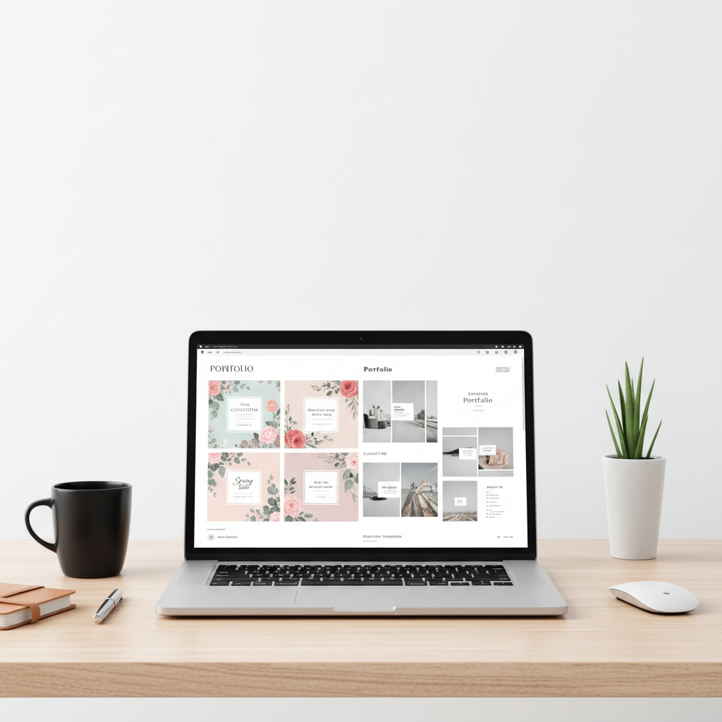 Screen mockup showing floral social-media and photography templates on a laptop
