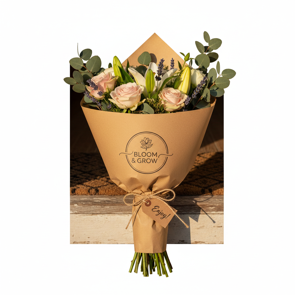 Fresh flower bouquet on a doorstep in branded kraft packaging