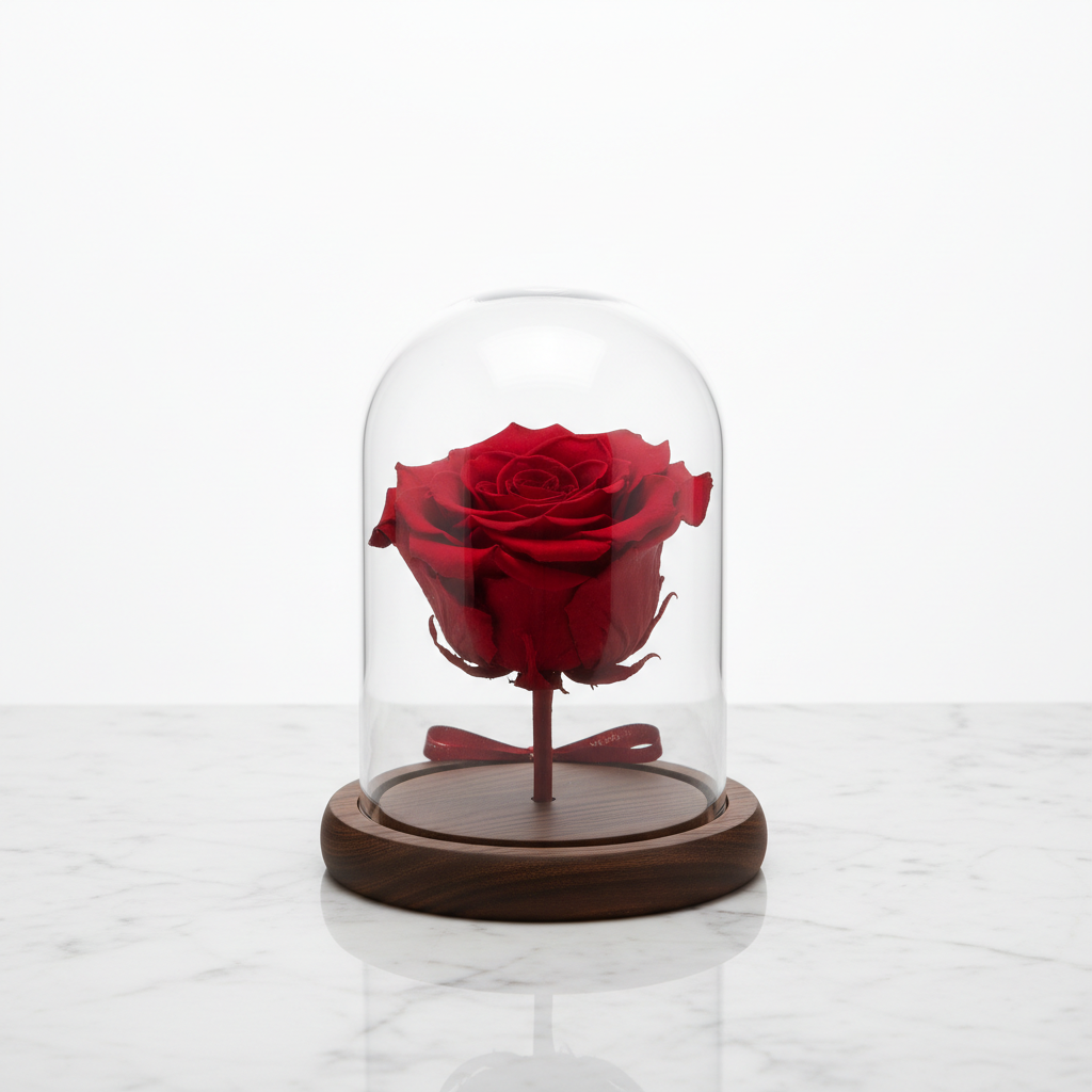 Preserved red rose under a clear glass dome on a walnut base