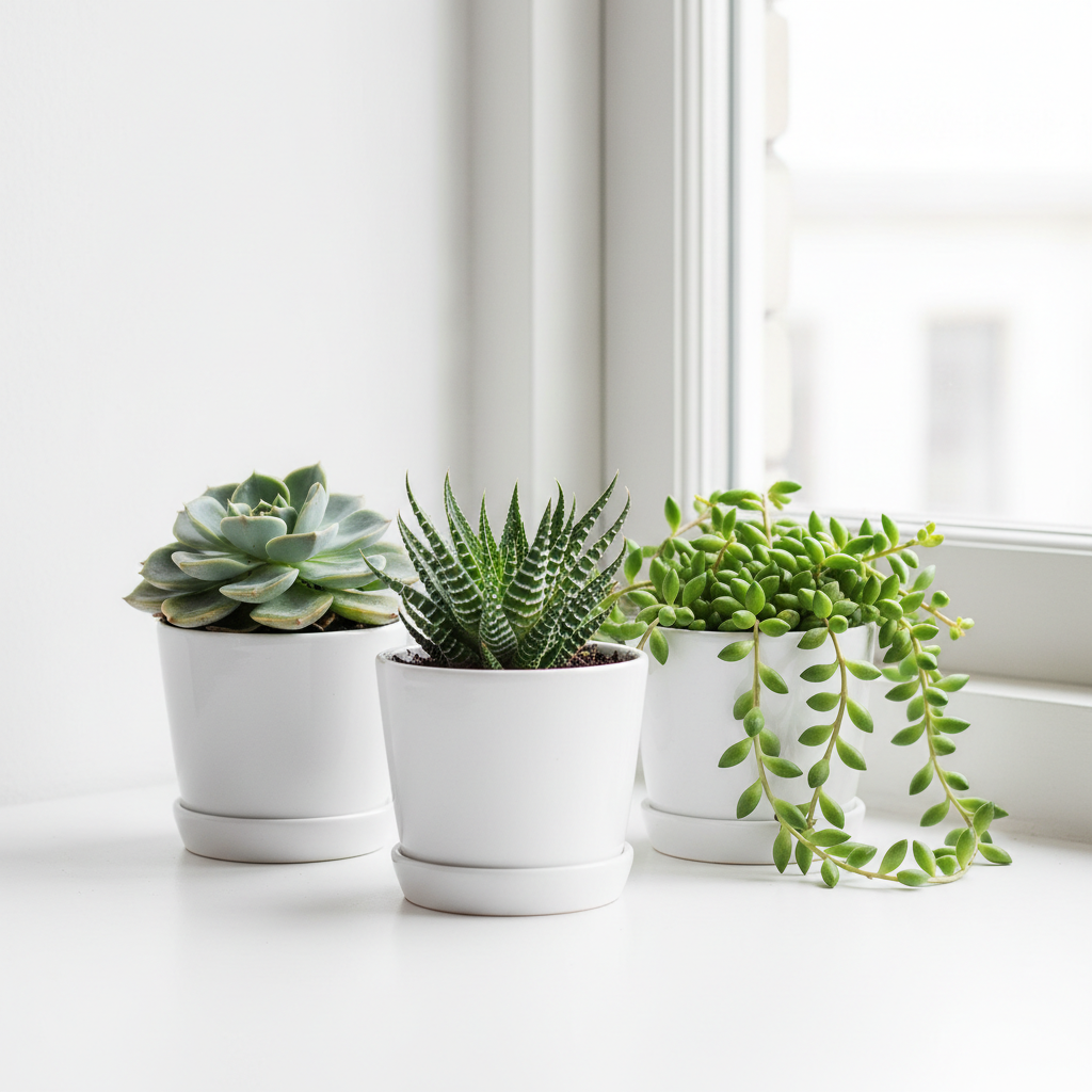 Three succulents in white ceramic pots on a sunny windowsill