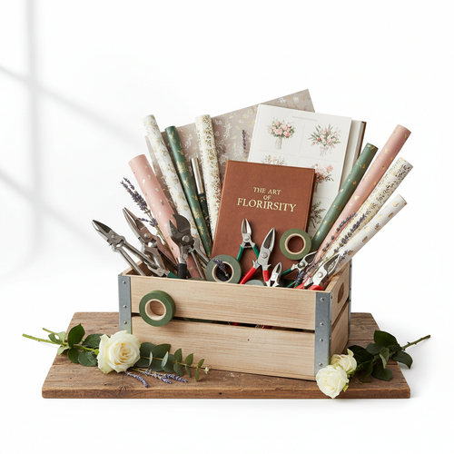 Wooden crate filled with professional florist tools, wrapping paper, and a manual on a workbench