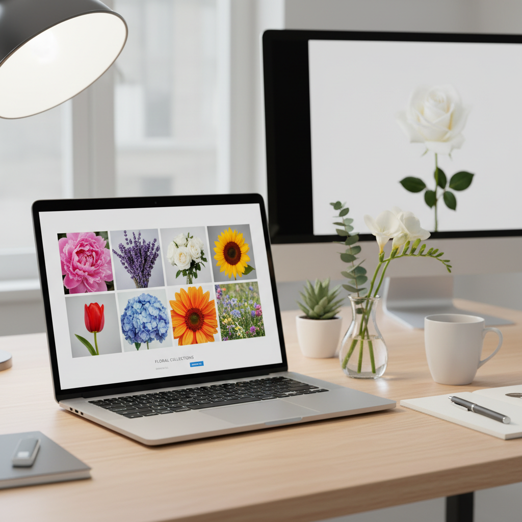 Laptop screen showing a grid of professional flower photography thumbnails
