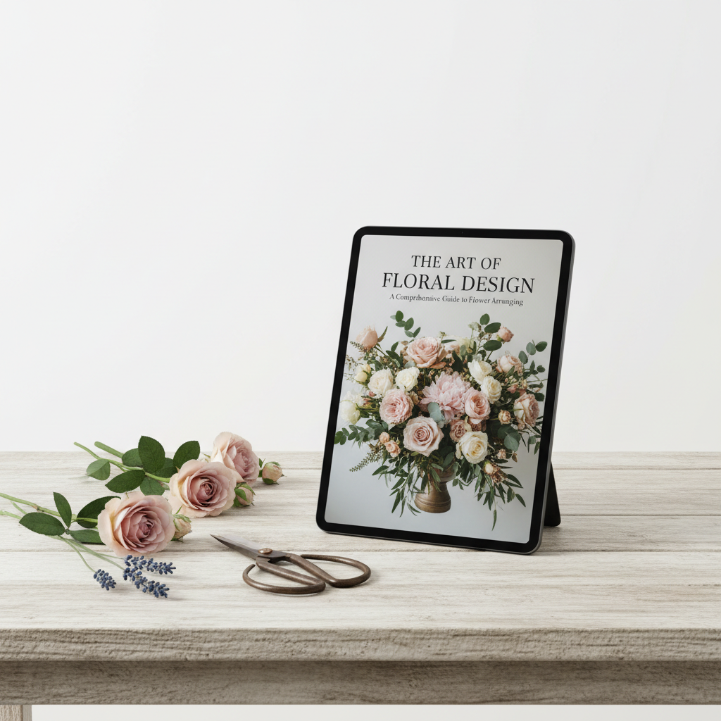 Tablet mockup of printable flower arranging guide