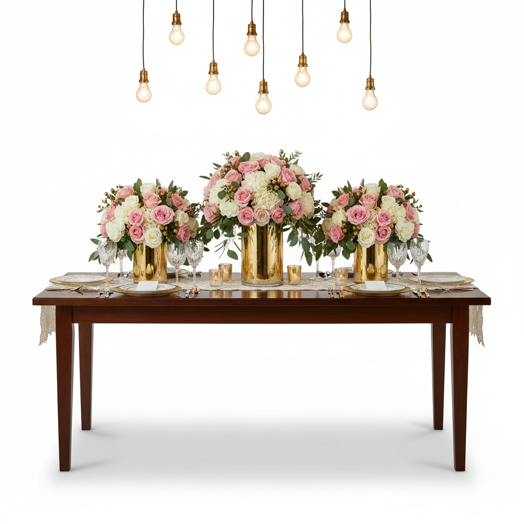 Three matching lush floral centerpieces on an elegantly set dining table