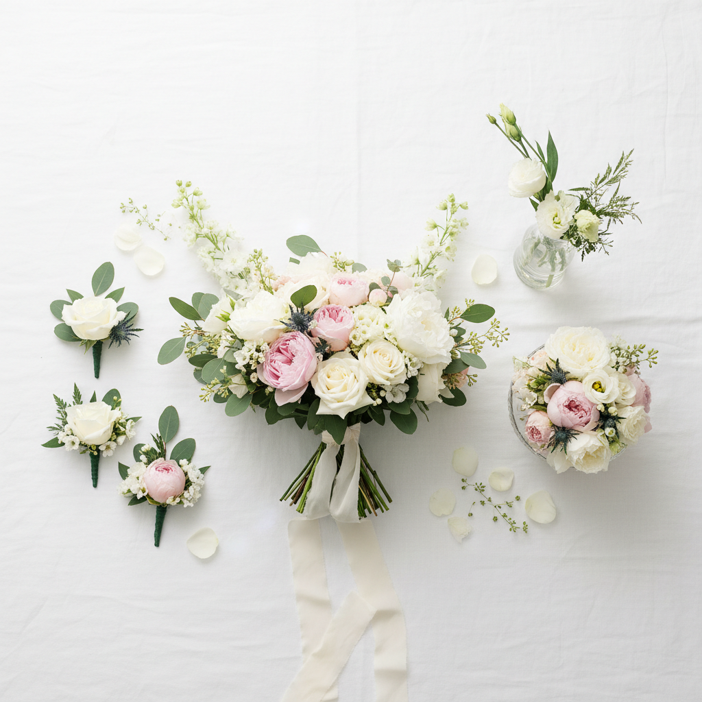Flat-lay of wedding flower package with bridal bouquet, boutonnieres, and centerpieces on white linen