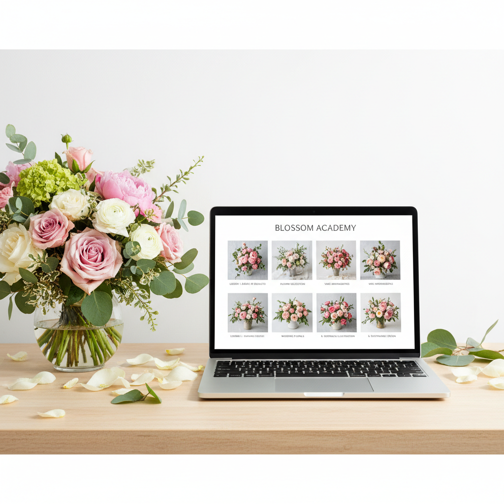 E-learning mockup of a floral design masterclass on a laptop with a bouquet nearby