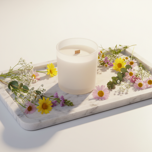 Botanical soy candle in frosted glass jar surrounded by wildflowers on a marble tray